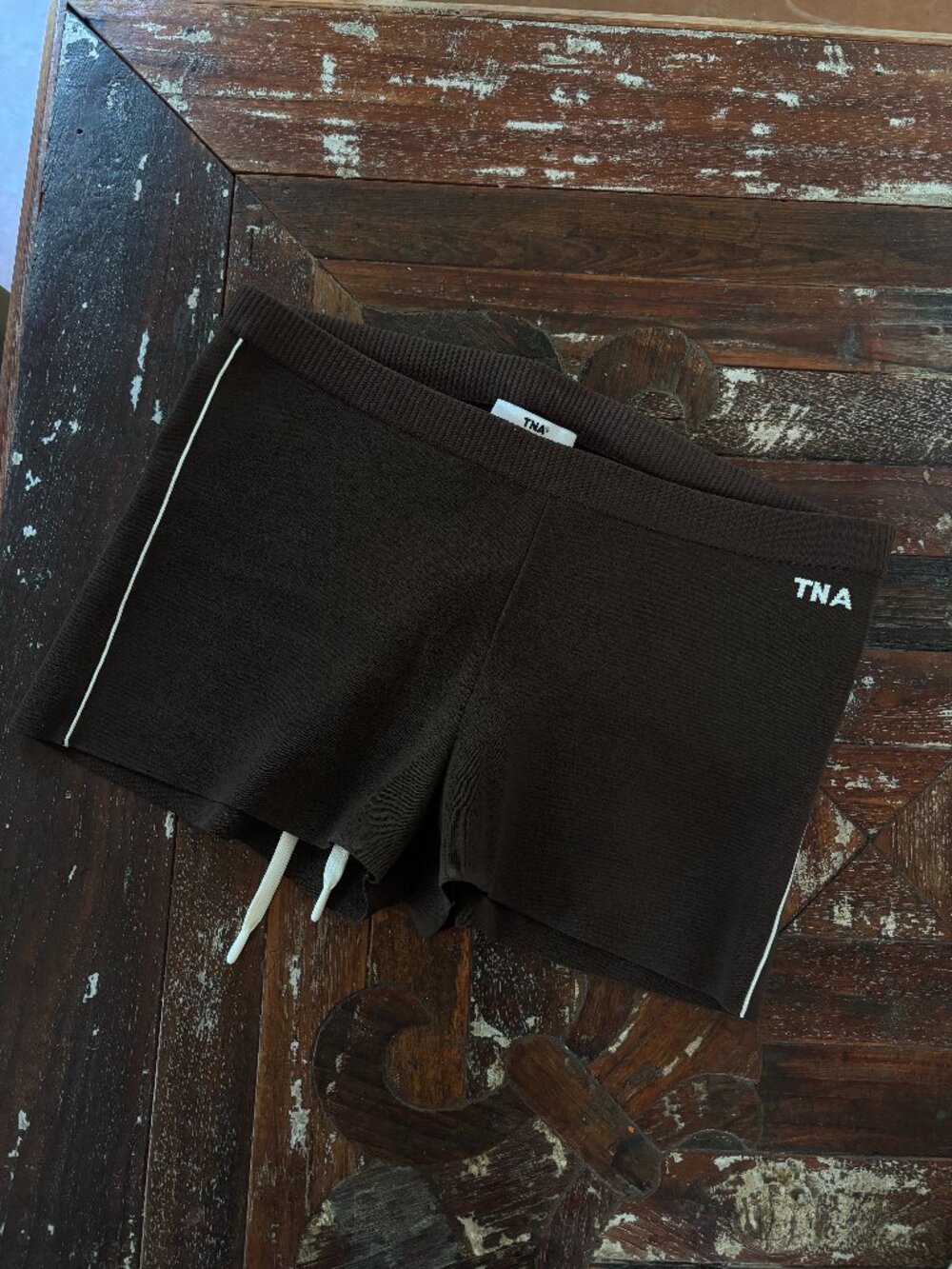 Aritzia TNA Knit Shorts Brown Cream Piping Drawstring Logo Small